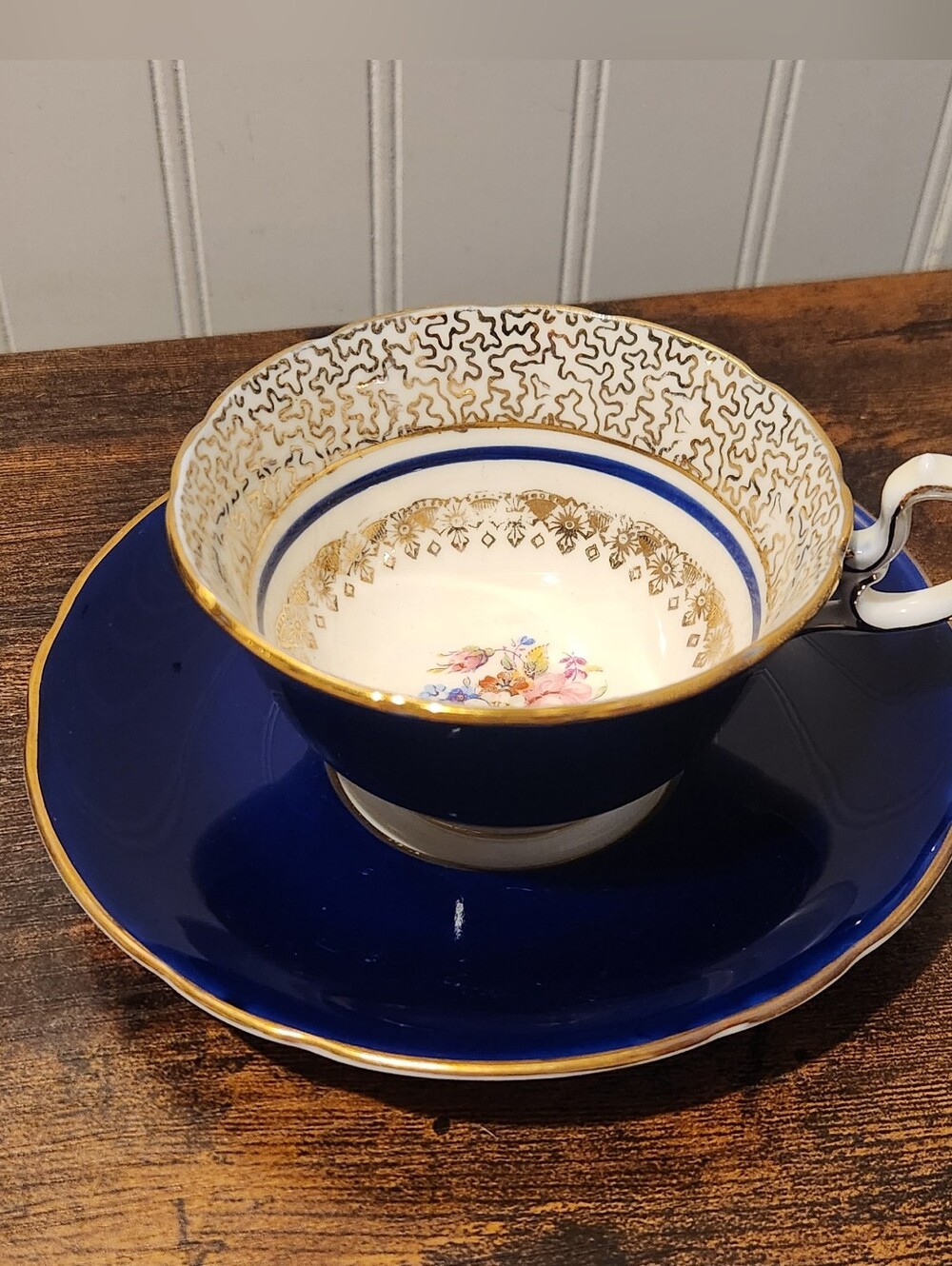 Vintage Aynsley England Bone China Cobalt Blue Gold Filigree Floral Cup & Saucer